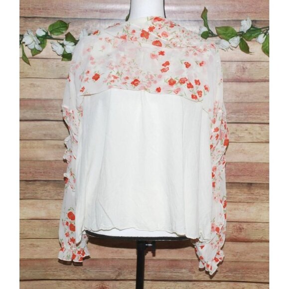 SUGARLIPS Love Bomb Blouse Size 2X Cream Floral Sheer Long Sleeve Ruffles Tie - Picture 5 of 12